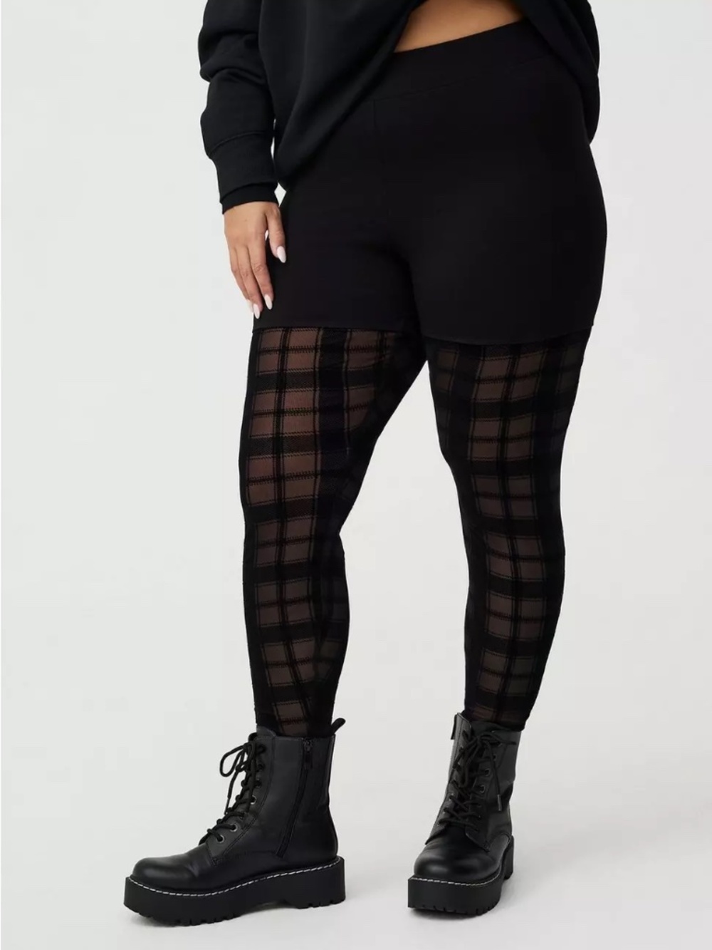 Torrid Leggings 2X Black Sheer Plaid Velvet Flocked Punk Goth Grunge Plus Size